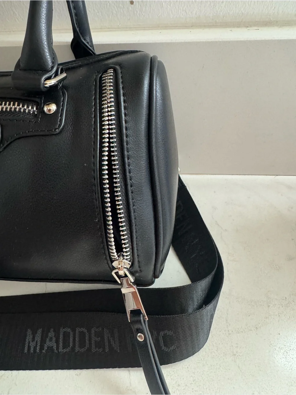 NWT- core barrel Madden NYC Black Satchel with Wide Logo Strap.